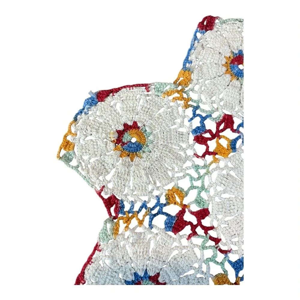 Crochet‎ Doily Table Mat White Multicolor Floral Star Lace Handmade Cottagecore